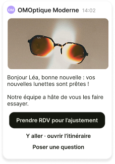 Exemple de SMS envoyé à un client : lunettes prêtes, prise de rendez-vous